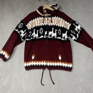 Tejidos Ruminahui Sweater Unisex Medium Red Hooded Alpaca Snow Flake Full Zip